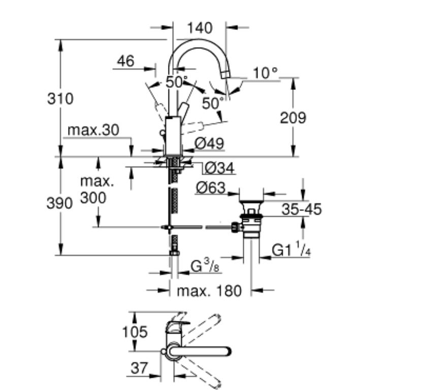 Смесител стоящ за мивка Grohe Bauflow